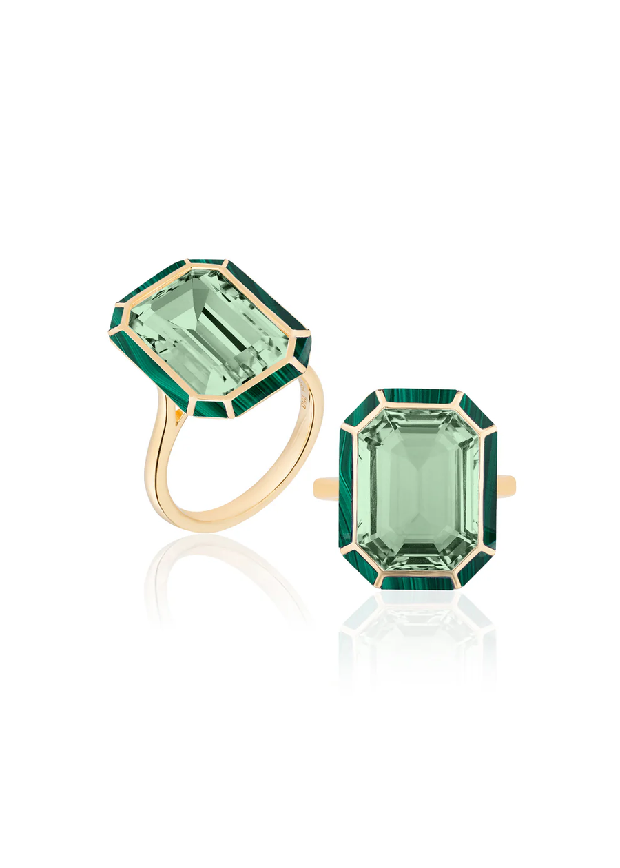 Mélange 9.39ct Emerald Cut Prasiolite and 1.53ct Malachite Ring in 18K Yellow Gold