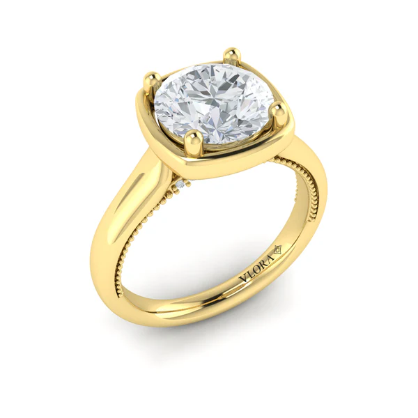 Frame 0.07ct Diamond Bezel Set Ring Semi Mount in 18K Yellow Gold for 2.00ct Round Center, size 6.5