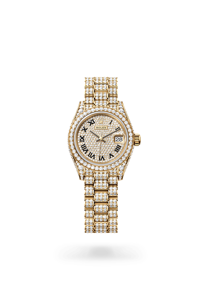 rolex Lady-Datejust in 18 kt yellow gold with case sides and lugs set with diamonds, M279458RBR-0001 - Sylvan's Jewelers