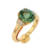 5.26ct Oval Montana Sapphire GIA/ AGL, 0.91ct Blue Sapphire, and 0.63ct Diamond 3 Stone Ring in 18K Yellow Gold, size 8