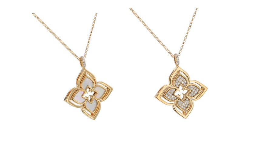 Venetian Princess 0.35ct Diamond Mother of Pearl Pirouette Pendant in 18K Yellow Gold, 17" chain