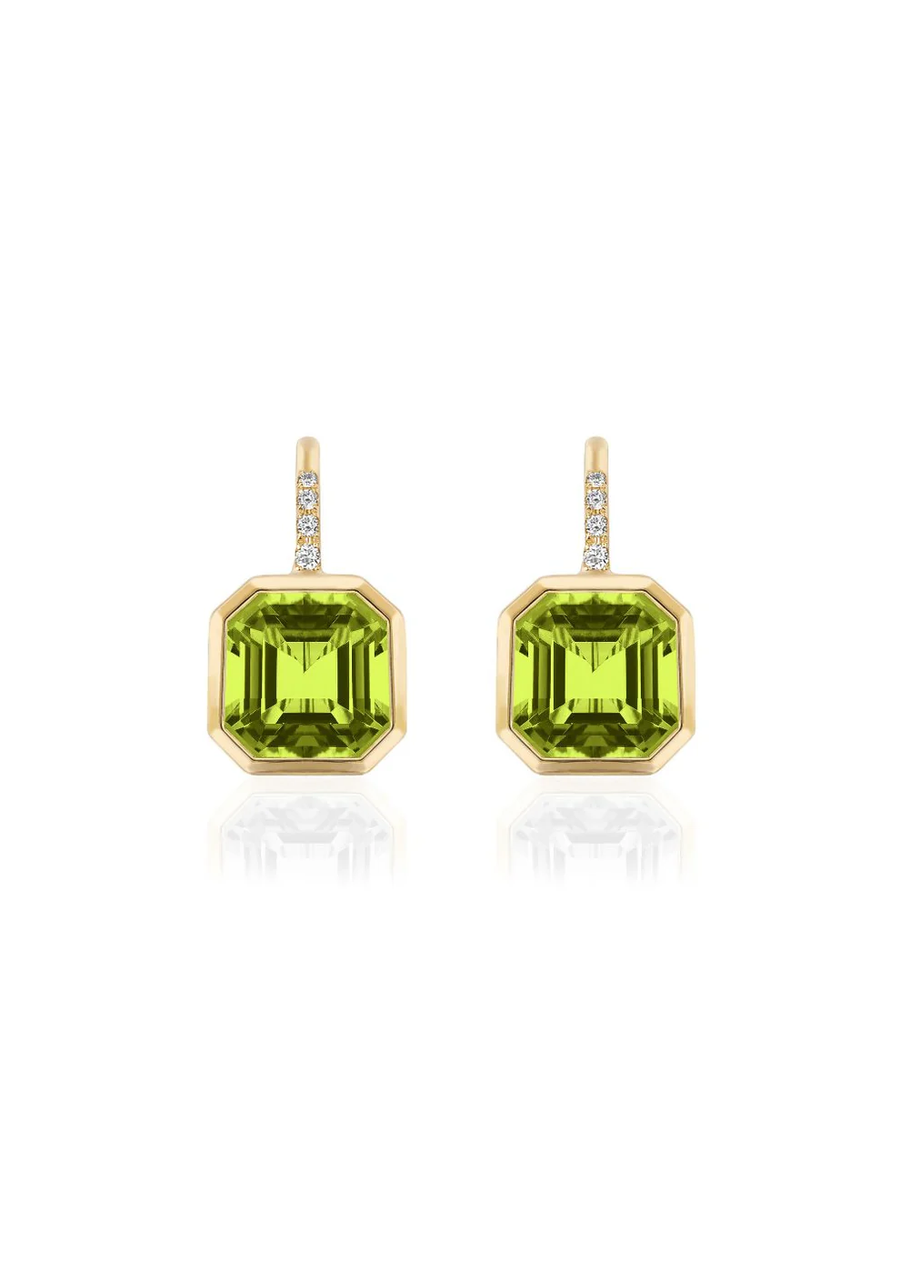 Gossip 7.10ct Asscher Cut Peridot and 0.07ct Round Diamond Drop Earrings in 18K Yellow Gold