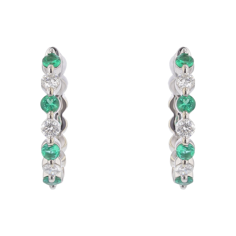 Emerald and Round Diamond Huggie Hoop Earrings in 14K White Gold