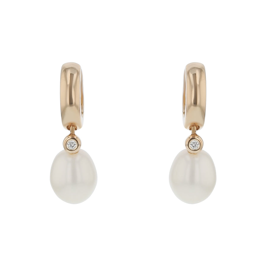 9.5x8mm Off Round Cultured Pearl and 0.04ct Diamond Drop Earrings in 18K Yellow Gold