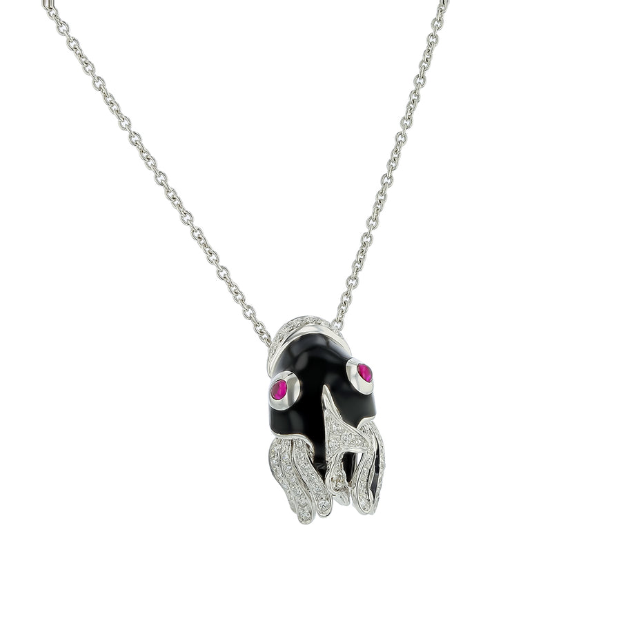 Nemo 0.47ct Diamond Fish Pendant in 18K White Gold and Black Enamel, 18" chain