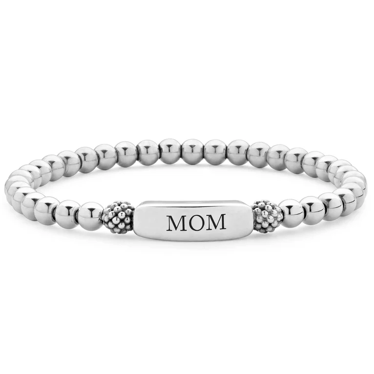Signature Caviar 5mm "Mom" Stretch Bracelet in Sterling Silver, size 7