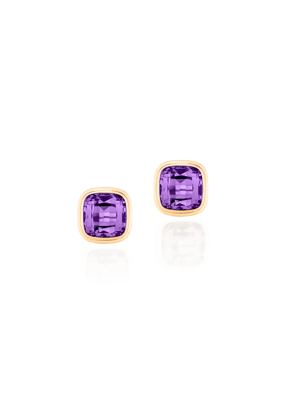 Manhattan 2.68ct Cushion Cut Amethyst Bezel Set Stud Earrings in 18K Yellow Gold