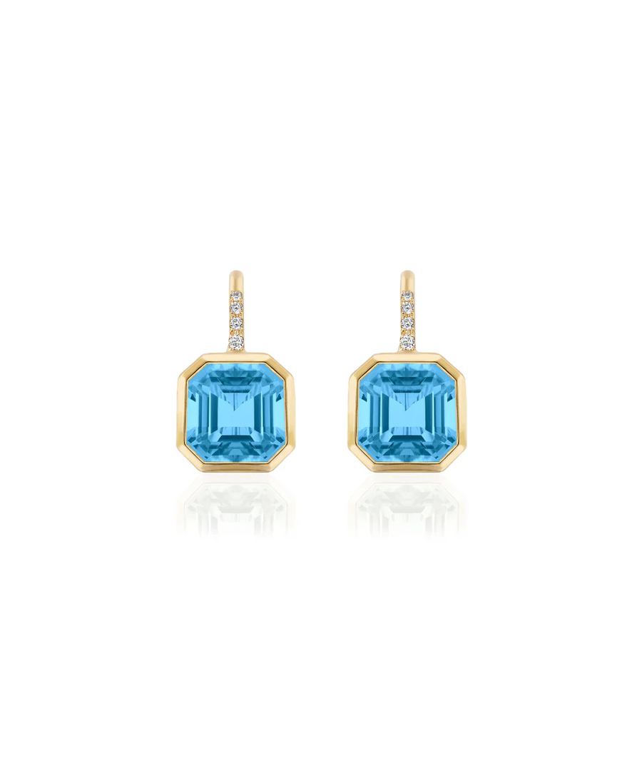 Gossip 7.55ct Asscher Cut Blue Topaz and 0.07ct Round Diamond Drop Earrings in 18K Yellow Gold