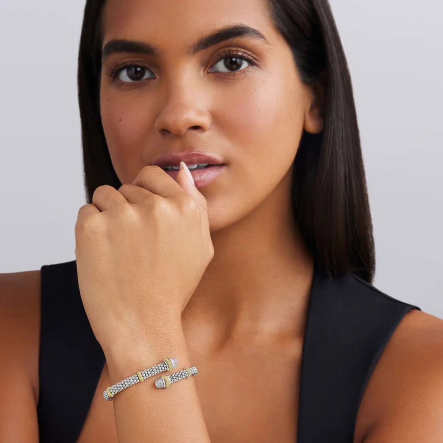 Caviar Versa Diamond Bypass Bracelet in Sterling Silver and 18K Yellow Gold, Size 7
