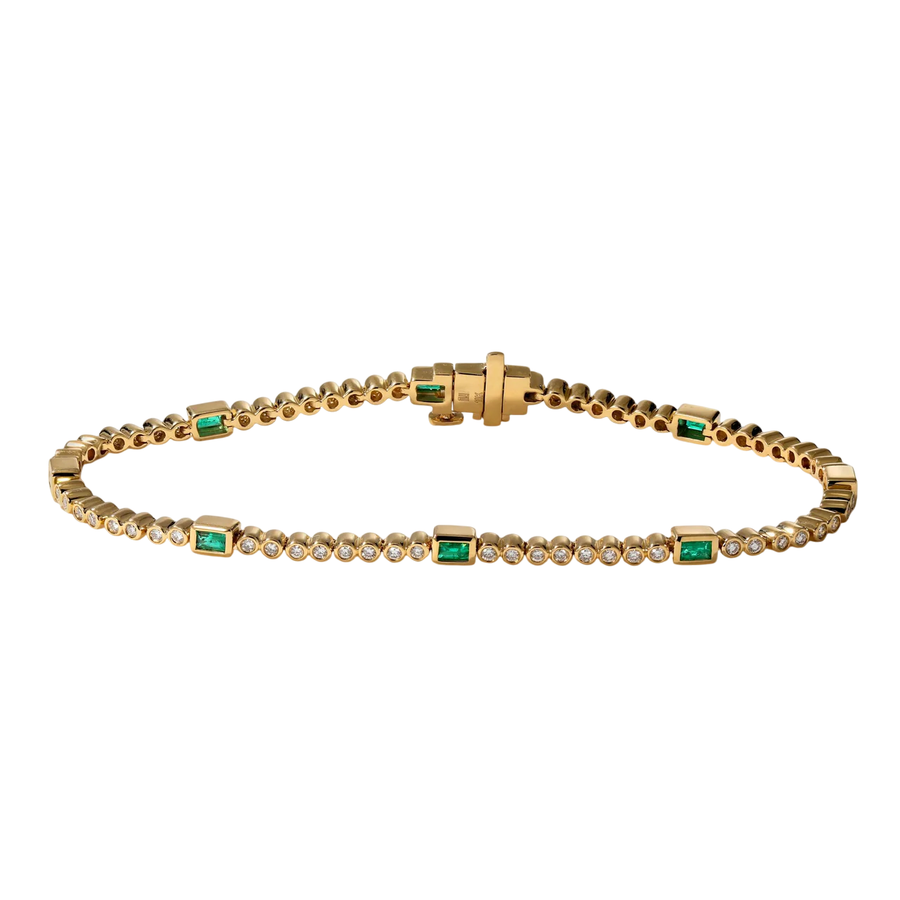 Classic 0.62ct Round Diamond 0.57ct Baguette Emerald Tennis Bracelet in 18K Yellow Gold, 7"