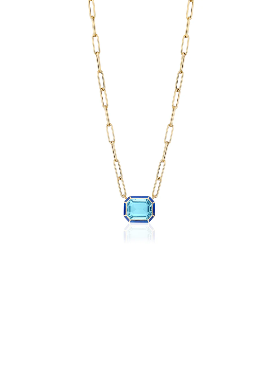 Melange 3.23ct Emerald Cut Blue Topaz and 0.06ct Lapis Pendant in 18K Yellow Gold, 16" chain