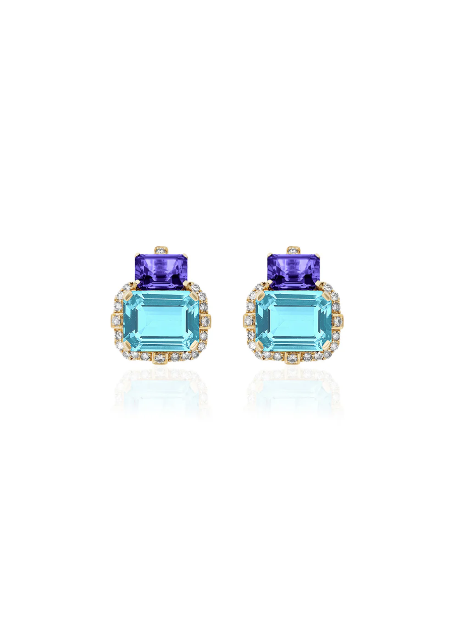 Gossip 8.21ct Emerald Cut Blue Topaz, 1.90ct Emerald Cut Tanzanite and 0.42ct Round Diamond Stud Earrings in 18K Yellow Gold