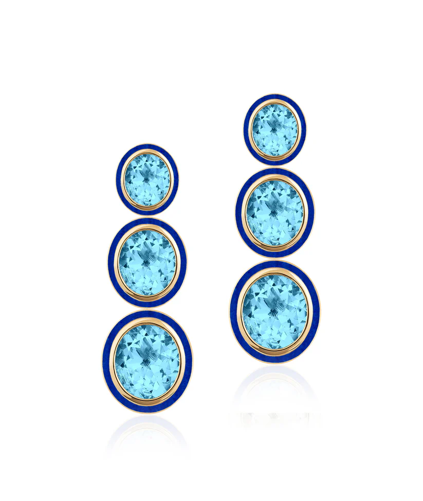 Mélange 20.15ct Blue Topaz and 4.53ct Lapis Lazuli Bezel Drop Earrings in 18K Yellow Gold