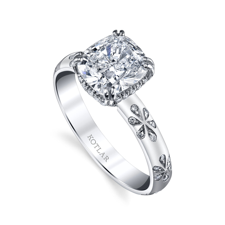 Floral Artisan 1.50ct Cushion Diamond and 0.30ct Diamond Ring in Platinum, size 6.25