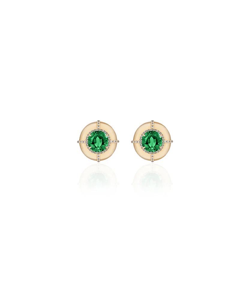 G-Classics 0.50ct Round Emerald and 0.19ct Diamond Halo Stud Earrings in 18K Yellow Gold