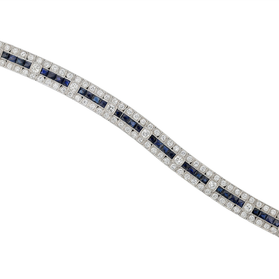 8.50ct 99 Old European Cut Diamond I-J/VS1-SI1 and 8.50ct 37 French Cut Sapphire Three Row Straight Line Bracelet in Platinum, 6.5in
