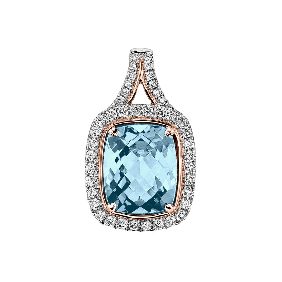 3.80ct Rectangular Cushion Aquamarine and 0.47ct Diamond Halo Pendant in 14K White and Rose Gold, 18" chain