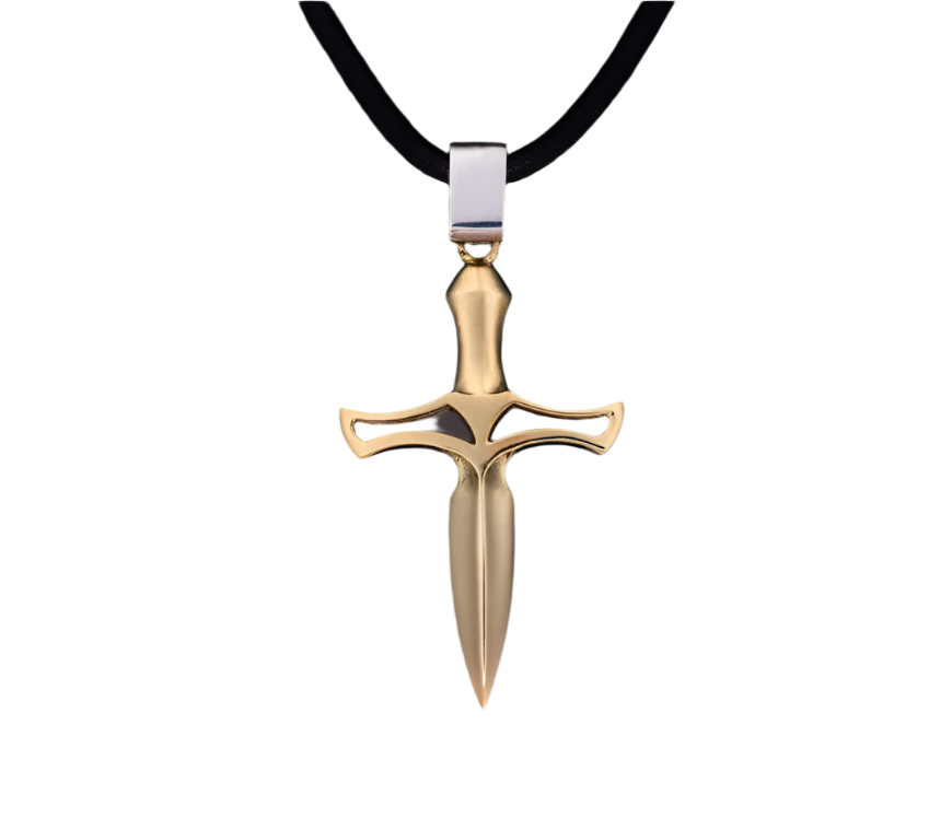 P53 YG Bandit Dagger Pendant on Cord in Sterling Silver 18k Yellow Gold and Leather, 22"