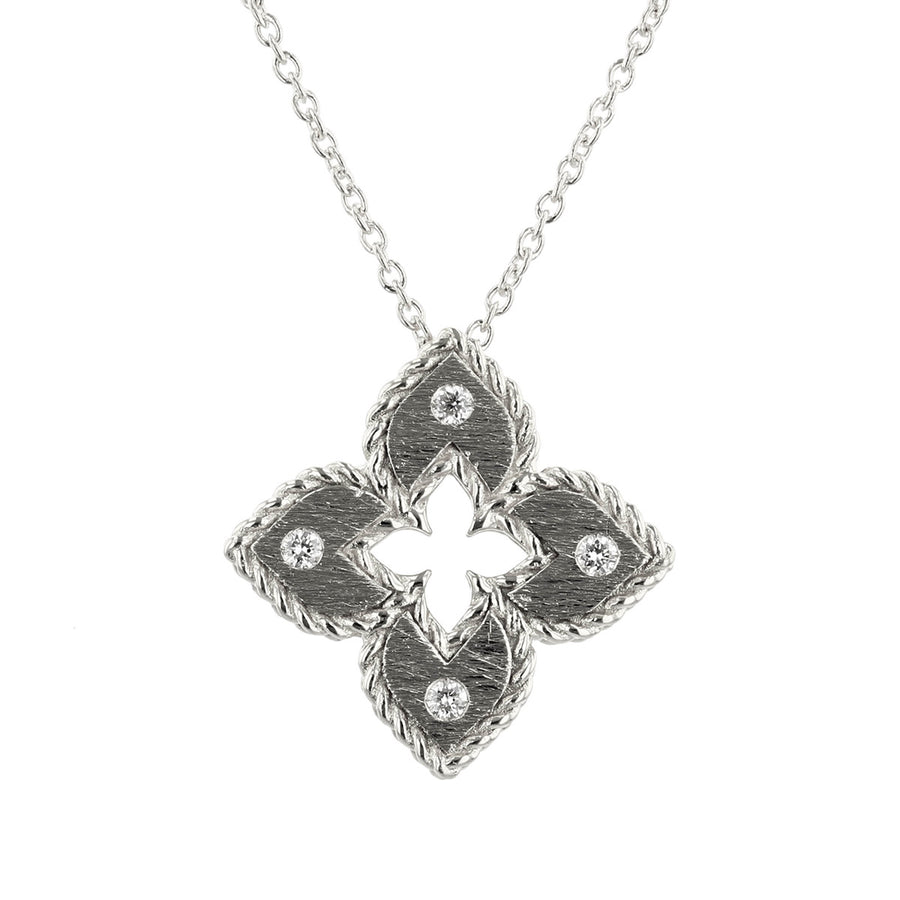 Venetian Princess 0.02Ct Diamond Petite Satin Flower Pendant on Chain in 18k White Gold, Extra Small