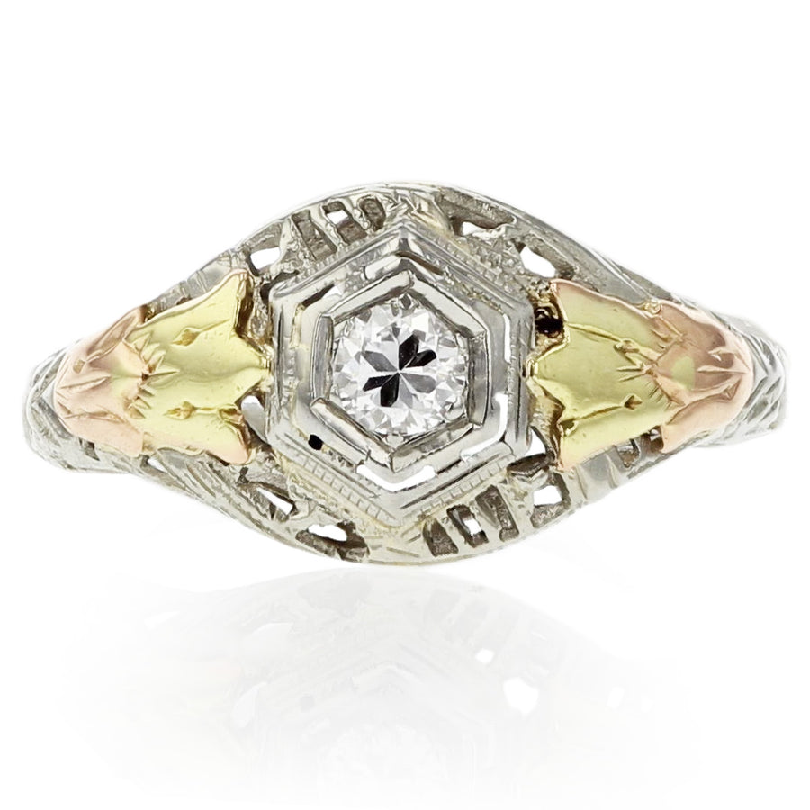 0.13ct Old European Cut Diamond Art Deco Ring in 18K White Gold, size 5.5