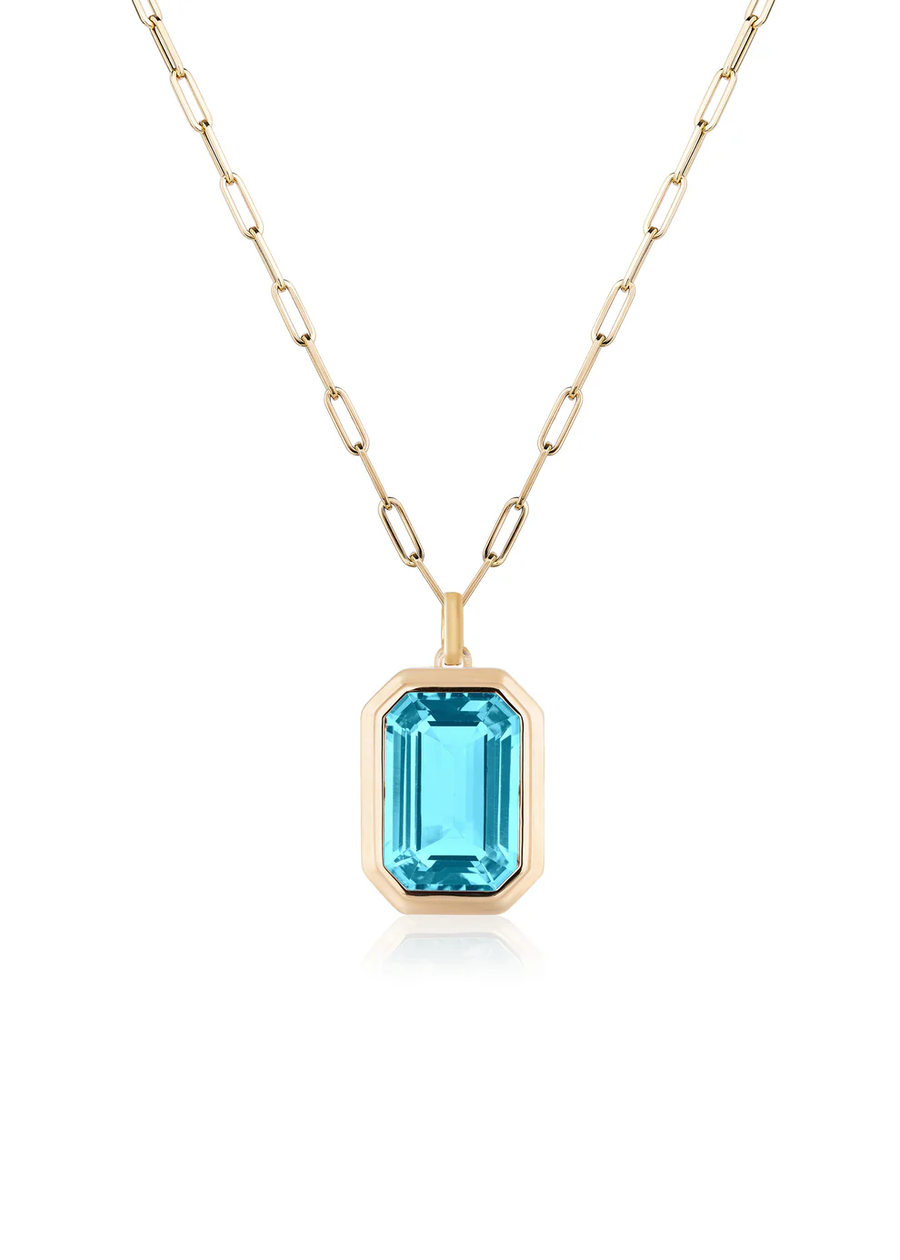 Manhattan 9.25ct Emerald Cut Blue Topaz Bezel Set Pendant in 18K Yellow Gold, 18" chain