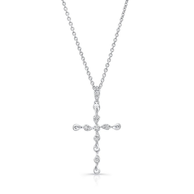 0.11ct Diamond Petite Cross Pendant in 14K White Gold, 18" chain