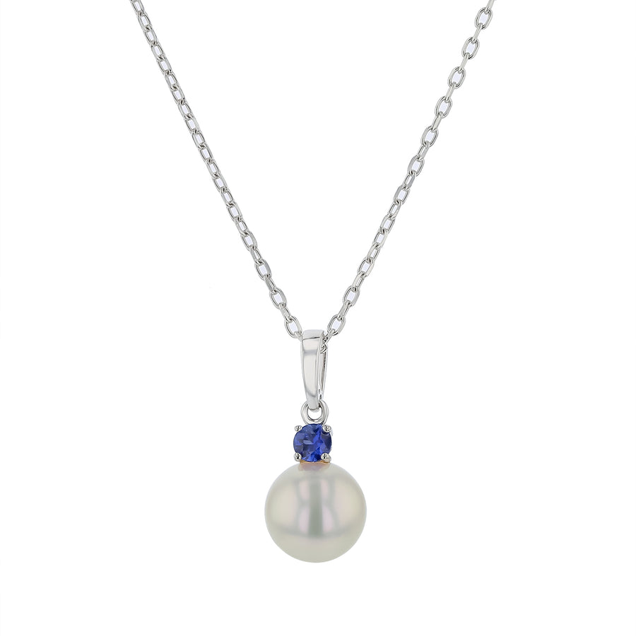 A+ 8.5mm Pearl and 0.13ct Sapphire Pendant in 18K White Gold, 18" chain