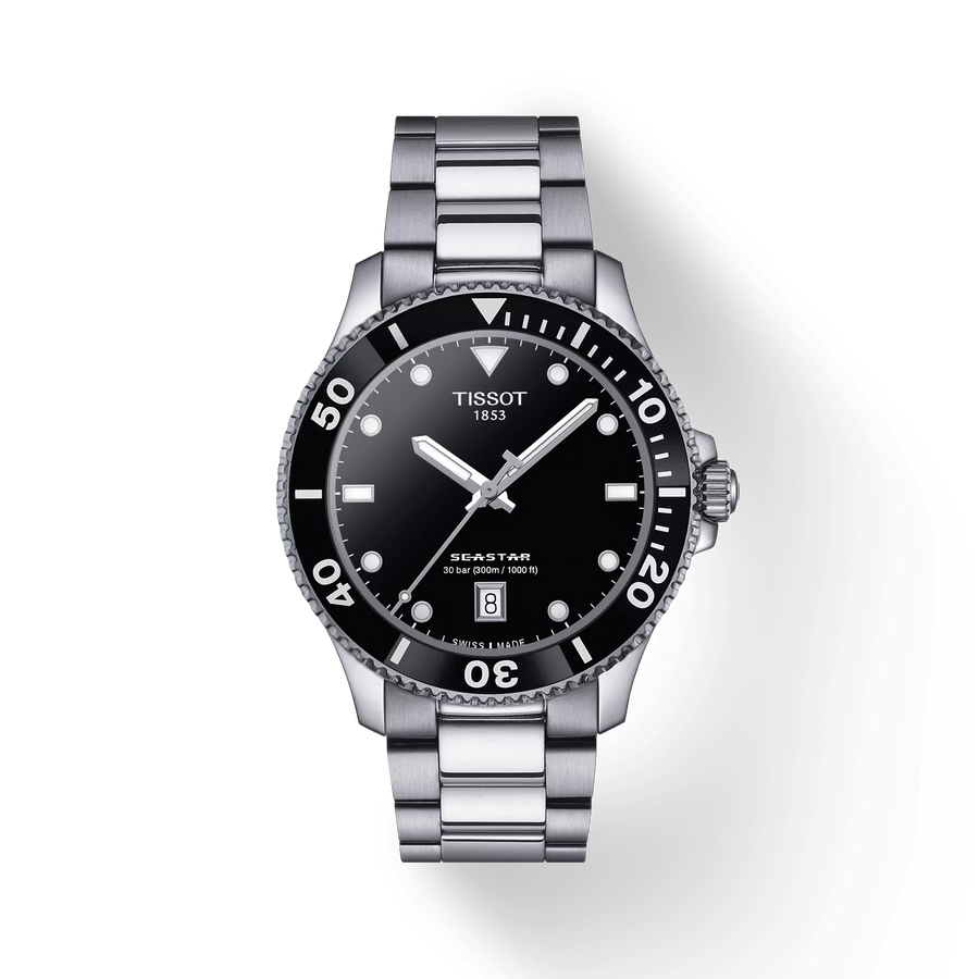 40mm Seastar 1000 Quartz Watch with Black Dial in Stainless Steel, Bracelet
