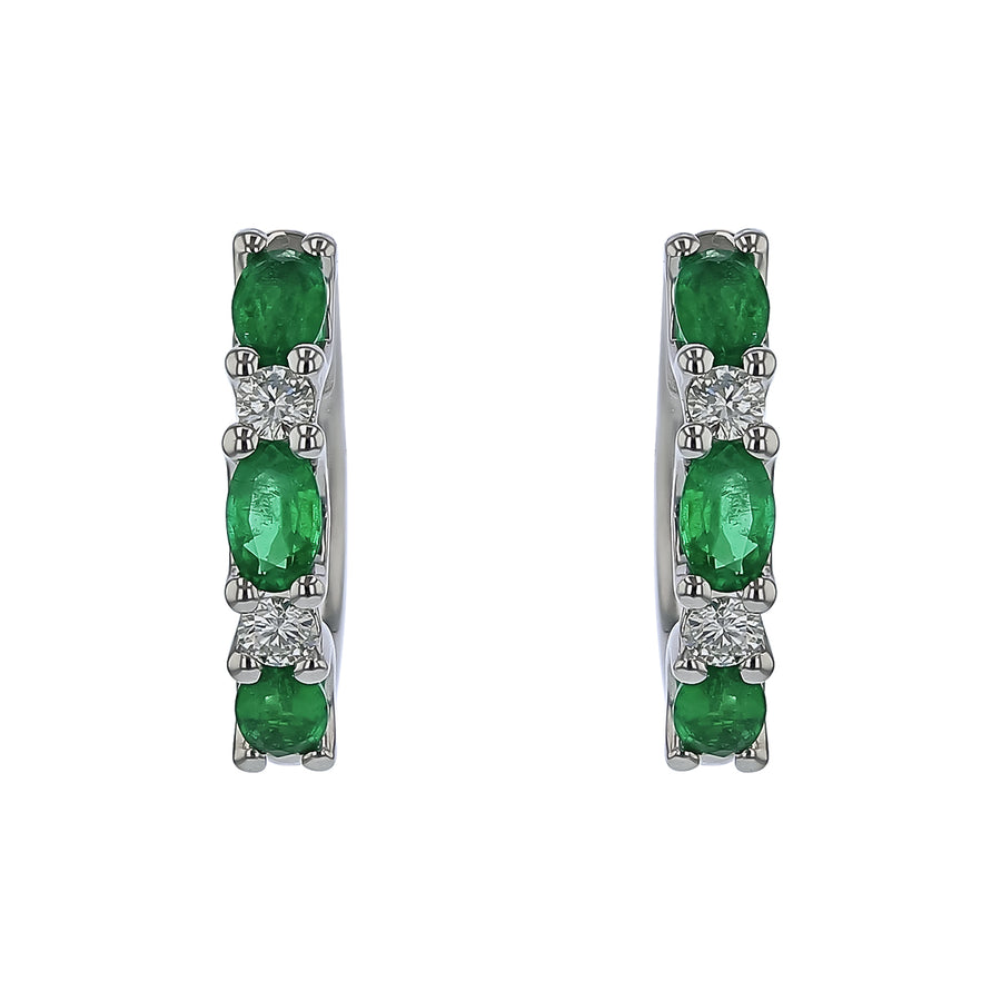 Precious 1.30ct Oval Emerald and 0.27ct Round Diamond Hoop Earrings in 18K White Gold