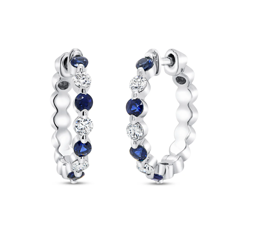 0.47ct Blue Sapphire and 0.30ct Diamond Huggie Hoop Earrings in 14K White Gold