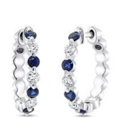 Blue Sapphire and Round Diamond Huggie Hoop Earrings in 14K White Gold