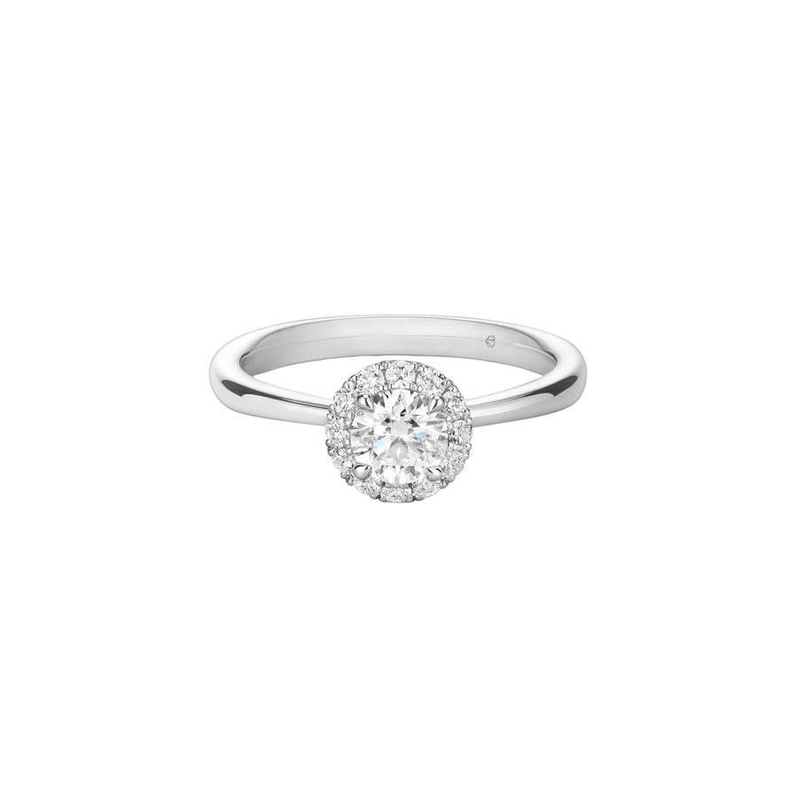 Vela 0.73ct Round Brilliant Diamond and 0.28ct Diamond Halo Ring in Platinum, size 6.5