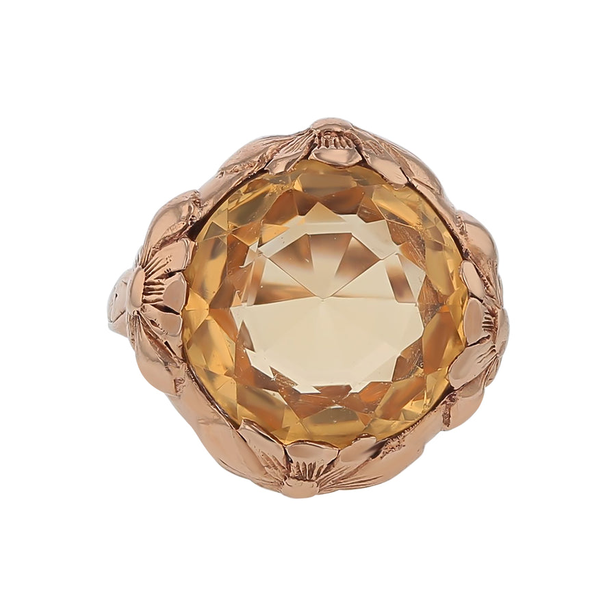 10.00ct Citrine Arts and Craft Ring in 14K Yellow Gold Circa 1915 Stamped, Size 6.25