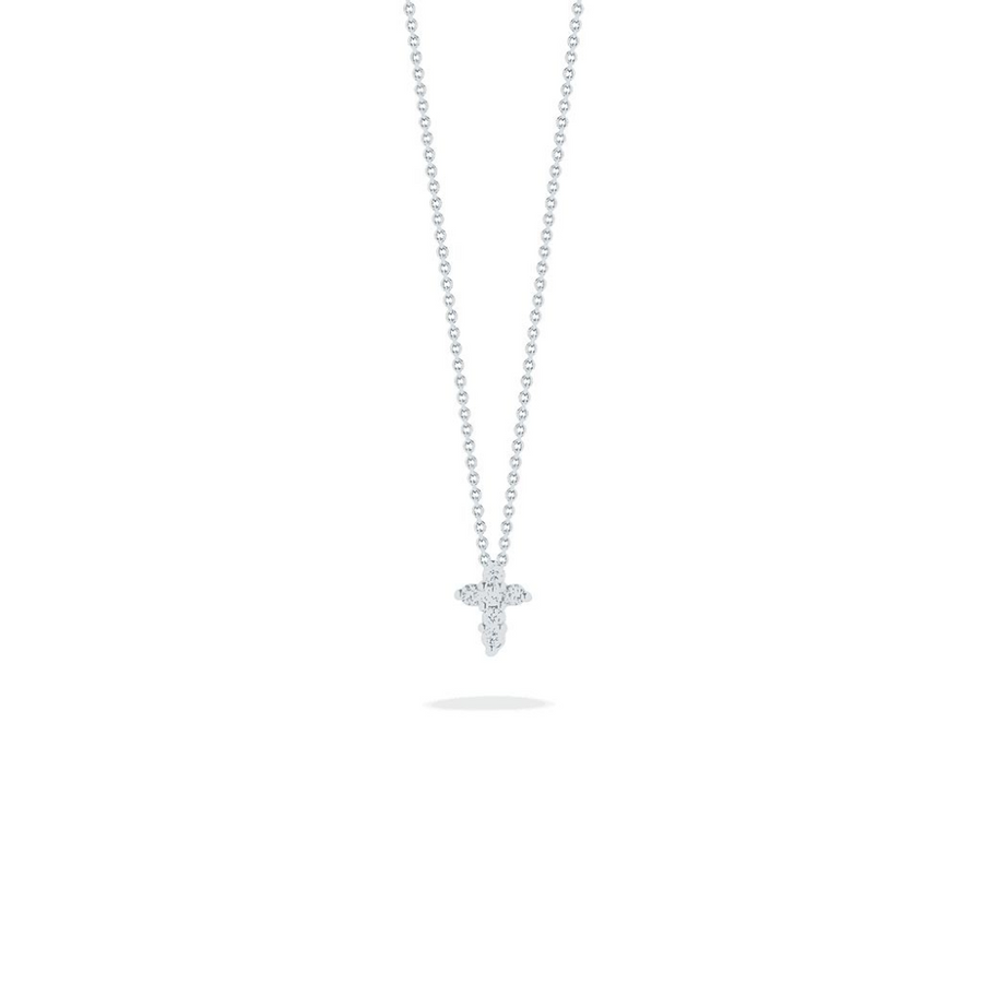 0.11ct Round Diamond Baby Cross Pendant in 18K White Gold, 16-18" chain