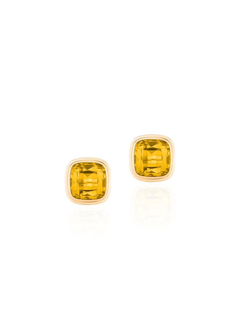 Manhattan 2.80ct Cushion Cut Citrine Bezel Set Studs Earrings in 18K Yellow Gold