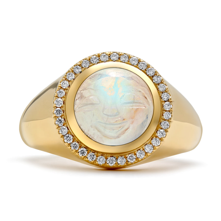 Happy Face 3.76ct Moonstone and 0.17ct Diamond Signet Ring in 18K Yellow Gold, size 7