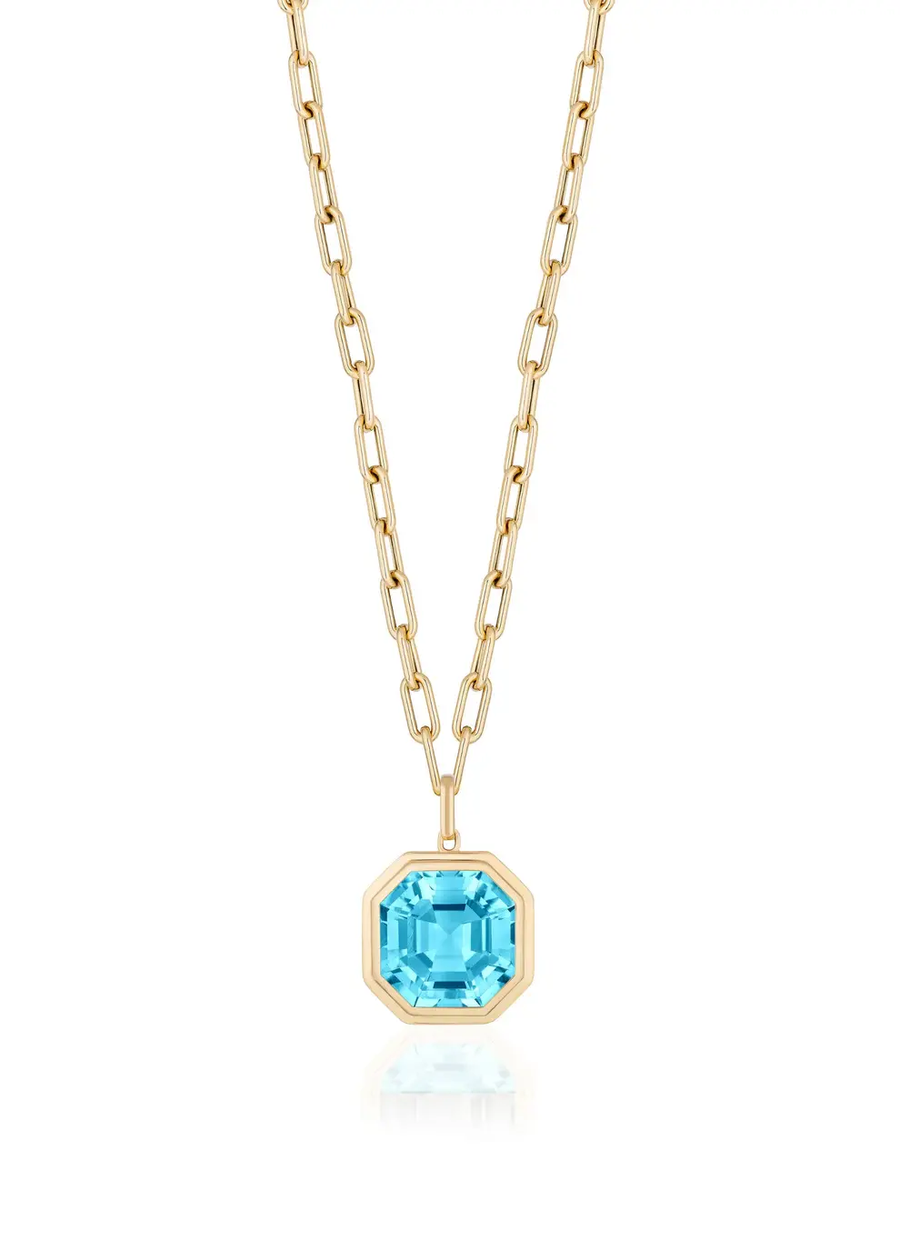 Manhattan 19.39ct Asscher Cut Blue Topaz Pendant in 18K Yellow Gold, 18" chain