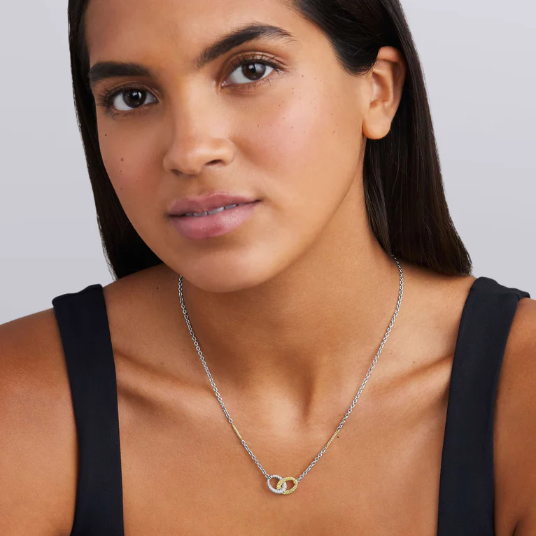 Caviar Lux Diamond 12mm Interlocking Necklace in Sterling Silver and 18K Yellow Gold, 16-18"
