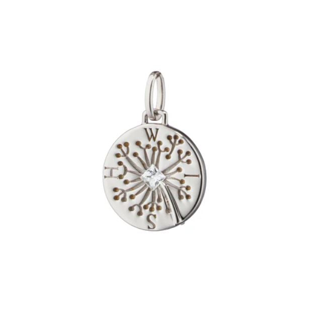 Round Wish Dandelion Charm with White Sapphire in Sterling Silver