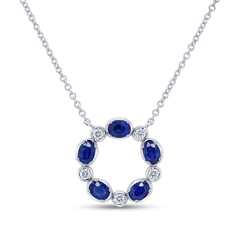 Medallion Oval Blue Sapphire and Diamond Pendant Necklace 18K White Gold