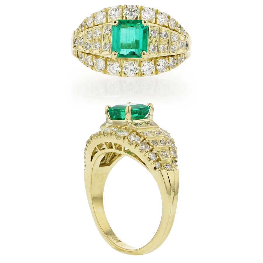 1.03ct Emerald Cut Emerald and 0.91ct Diamond Ring with Bright-Finished Ribbed Shank in 18K Yellow Gold