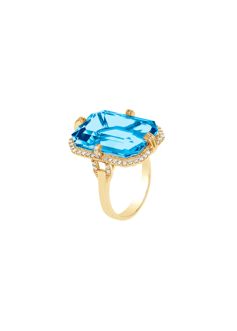 Gossip 9.12ct Emerald Cut Blue Topaz and 0.31ct Round Diamond Halo Ring in 18K Yellow Gold, Size 6.75