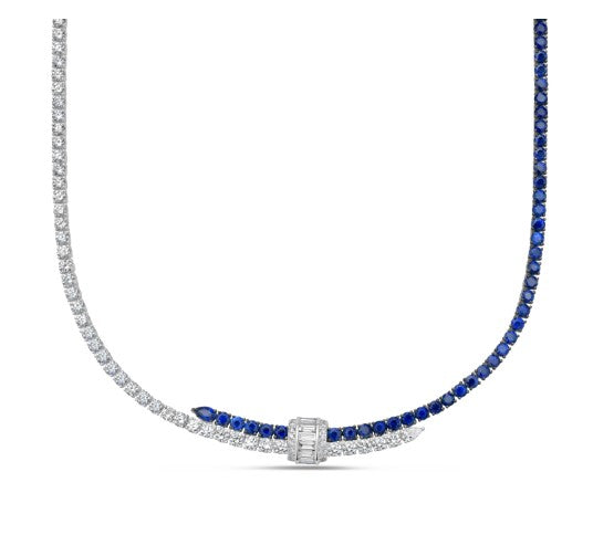 8.91ct Sapphire, 7.59ct Diamond, 0.75ct Baguette Diamond, and 0.19ct Pear Shape Diamond Pull Necklace in 18K White Gold