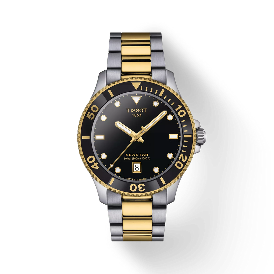 40mm Seastar 1000 Watch with Black Dial in Stainless Steel with Yellow Gold PVD, Bracelet