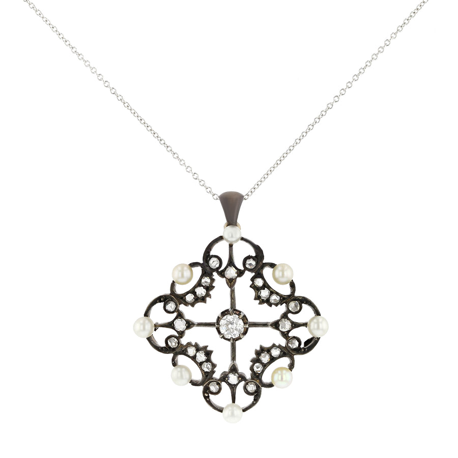 0.25ct Old Mine Cut Diamond and Pearl Pendant in Sterling Silver and 14K Gold, 16" chain (Circa 1860s)