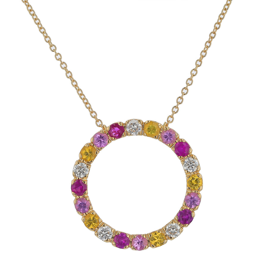 1.68ct Sapphire and 0.44ct Diamond 24mm Round Pendant in 18k Yellow Gold, 17" chain