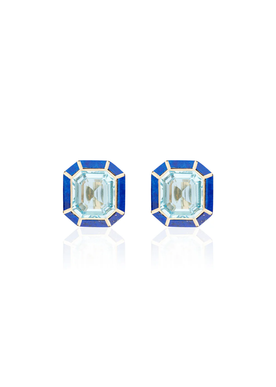 Mélange 6.75ct Emerald Cut Blue Topaz and 1.24ct Lapis Stud Earring in 18K Yellow Gold