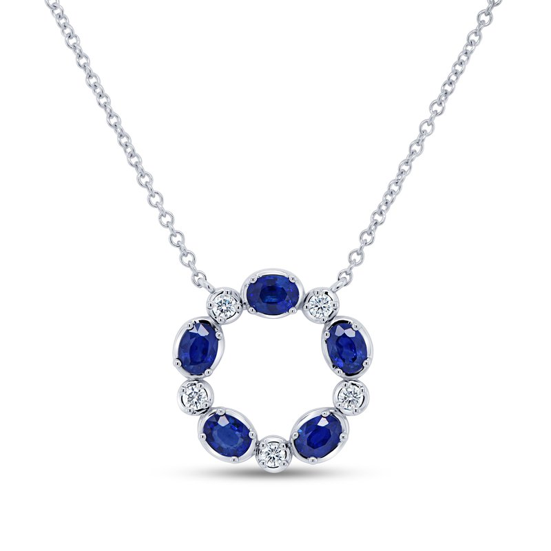 Medallion 1.27ct Oval Sapphire and 0.17ct Diamond Necklace in 18K White Gold, 18" chain