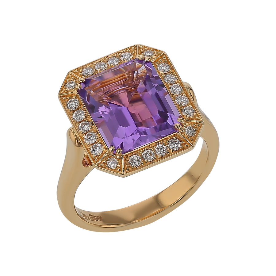 4.00ct Amethyst and 0.28ct Diamond Halo Ring in 18K Yellow Gold, Size 6.5