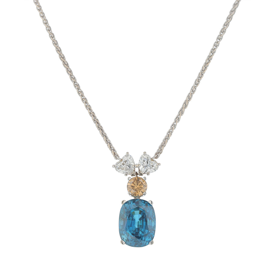 16.20ct Zircon 0.81ct Fancy Brown Diamond and 1.42ct Heart Shaped Diamonds Wheat Chain Necklace in 14K White Gold